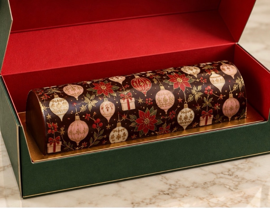 Bûche de Noël — chocolate bûche with festive pink, red and gold Christmas-bauble design