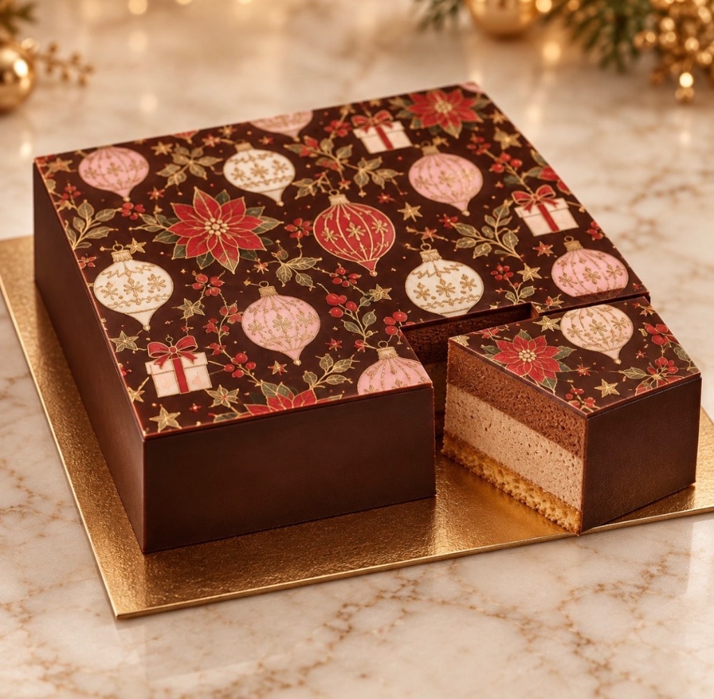 Entremets de Noël — honey cake with chestnut-praline and dark-chocolate mousse