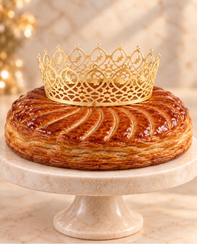 Galette des Rois La Couronne Dorée — golden galette beneath a delicate light-gold chocolate crown